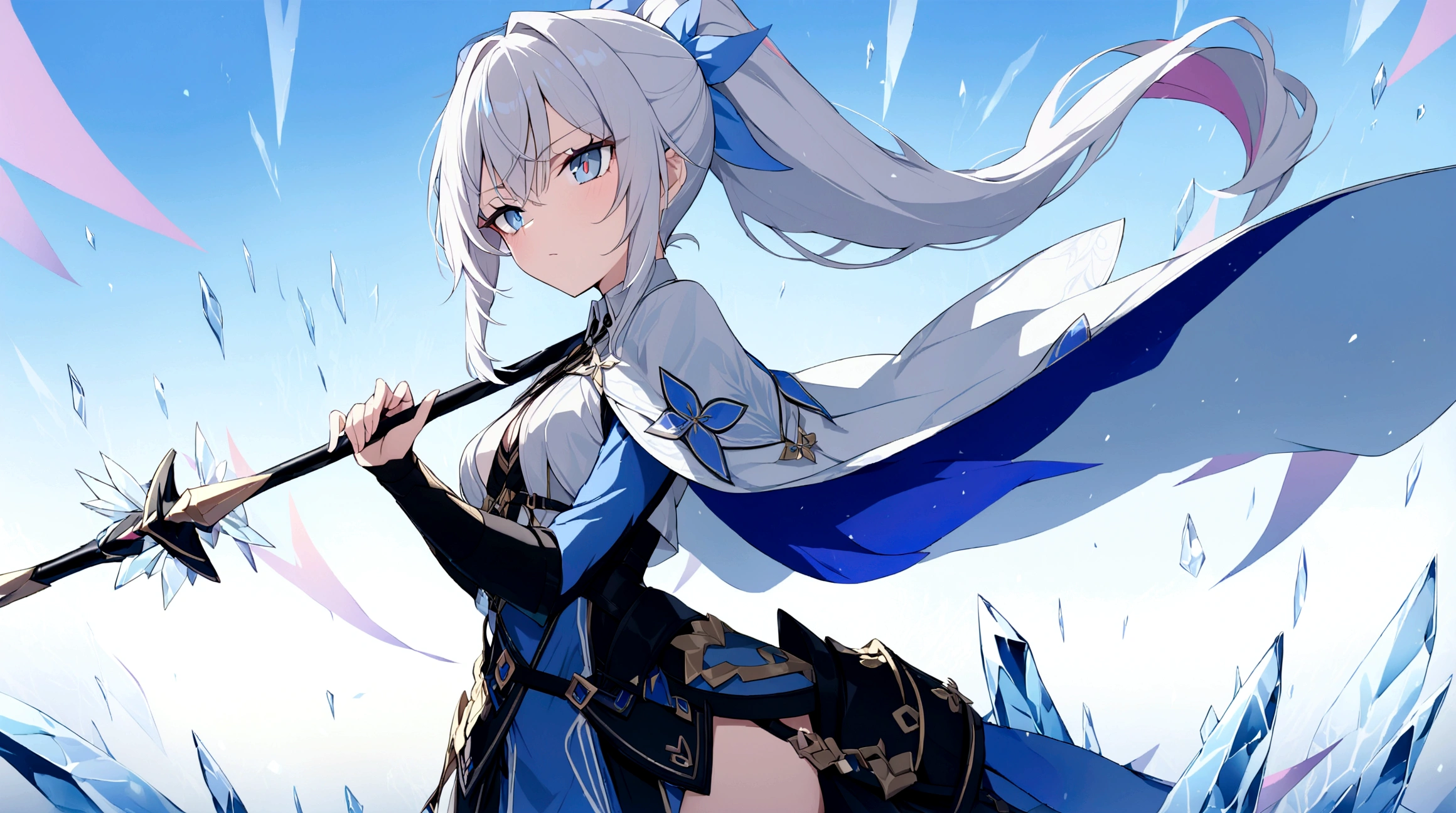 (1girl, Masterpiece, best quality) (detailed and beautiful eyes:1.6) (perfect hands, perfect anatomy) (full body)) Fierce warrior girl with long white hair in a high ponytail and striking red eyes. She wears sleek, modern armor in blue and black with gold and silver details, and a white, high-collared cape with blue and gold accents. She holds a long spear in her right hand and points forward with her left hand. The background should be an icy landscape with crystalline formations and a cold, blue sky, reflecting light off the ice for a mystical atmosphere. Capture her determined and focused expression, conveying a sense of readiness and strength.