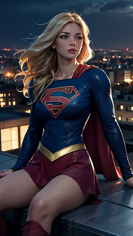 supergirl, sitting on a rooftop building, lost in deep thought, looking at the city, perfect eye, beautiful highly detailed eyes...