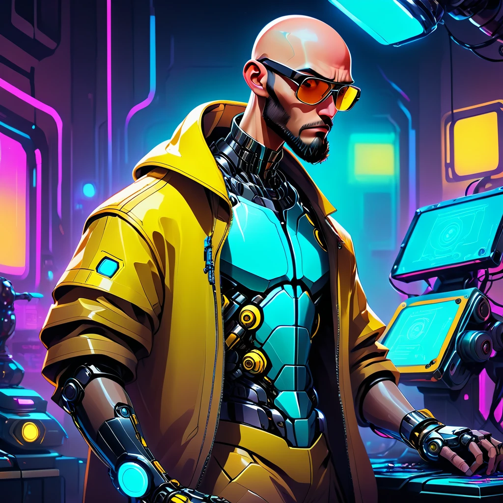 one  men, 30years, without hair, bald man with brown beard, athletic body, wearing yellow leather jacket with blue neon, sunglasses with blue lens, robotic arm implants, connected limbs, in his bedroom, using a computer to hack, futuristic atmosphere, night time, cyberpunk style, Point of view view, centered image.