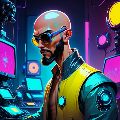 one  men, 30years, without hair, bald man with brown beard, athletic body, wearing yellow leather jacket with blue neon, sunglas...