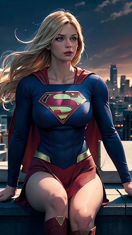 Super-Mädchen, sitzt auf einem Dachgebäude, in tiefe Gedanken versunken, Blick auf die Stadt, perfektes Auge, Wunderschöne, detailreiche Augen, Schöne blaue Augen, beide Augen sind ähnlich, schöne detaillierte Lippen, extrem detailliertes Gesicht, detaillierter Supergirl-Anzug, straffe Figur, Blondes Haar, große runde Brüste, dynamische pose, filmische Beleuchtung, epische Stadtansicht, stimmungsvolle Atmosphäre, Dramatische Schatten, leuchtende Farben, fotorealistisch, 8k, beste Qualität, hyperdetailliert, Meisterwerk