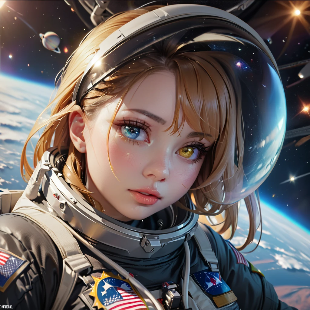 perfect eyes, Zoe, toddler girl, Heterochromia, astronaut, beautiful detailed eyes, beautiful detailed lips, extremely detailed eyes and face, long eyelashes, 1girl, astronaut, heterochromia, space, beautiful stars, beautiful galaxies, (best quality,4k,8k,highres,masterpiece:1.2),ultra-detailed,(realistic,photorealistic,photo-realistic:1.37),digital art, science fiction, surreal, cinematic lighting, vibrant colors, dramatic lighting, medium shot, full body, waist up, centered, detailed background, stars and galaxies in the distance
