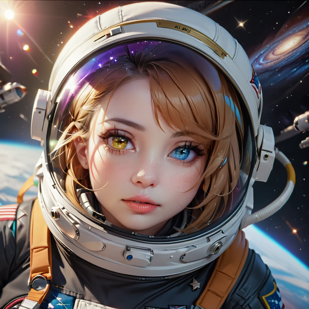 perfect eyes, Zoe, toddler girl, Heterochromia, astronaut, beautiful detailed eyes, beautiful detailed lips, extremely detailed eyes and face, long eyelashes, 1girl, astronaut, heterochromia, space, beautiful stars, beautiful galaxies, (best quality,4k,8k,highres,masterpiece:1.2),ultra-detailed,(realistic,photorealistic,photo-realistic:1.37),digital art, science fiction, surreal, cinematic lighting, vibrant colors, dramatic lighting, medium shot, full body, waist up, centered, detailed background, stars and galaxies in the distance
