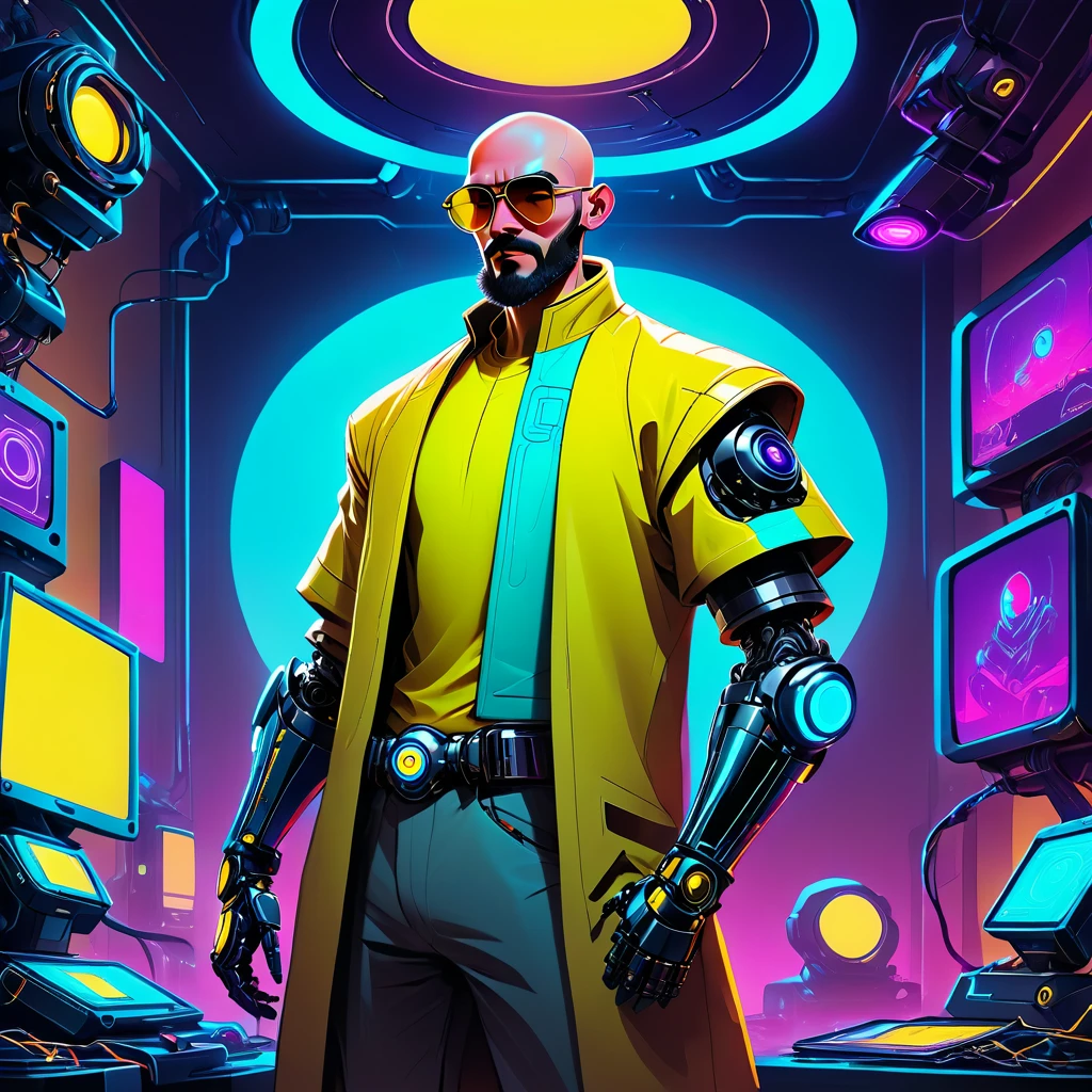 one  men, 30years, without hair, bald man with brown beard, athletic body, wearing yellow leather jacket with blue neon, sunglasses with blue lens, robotic arm implants, connected limbs, in his bedroom, using a computer to hack, futuristic atmosphere, night time, cyberpunk style, Point of view view, centered image.