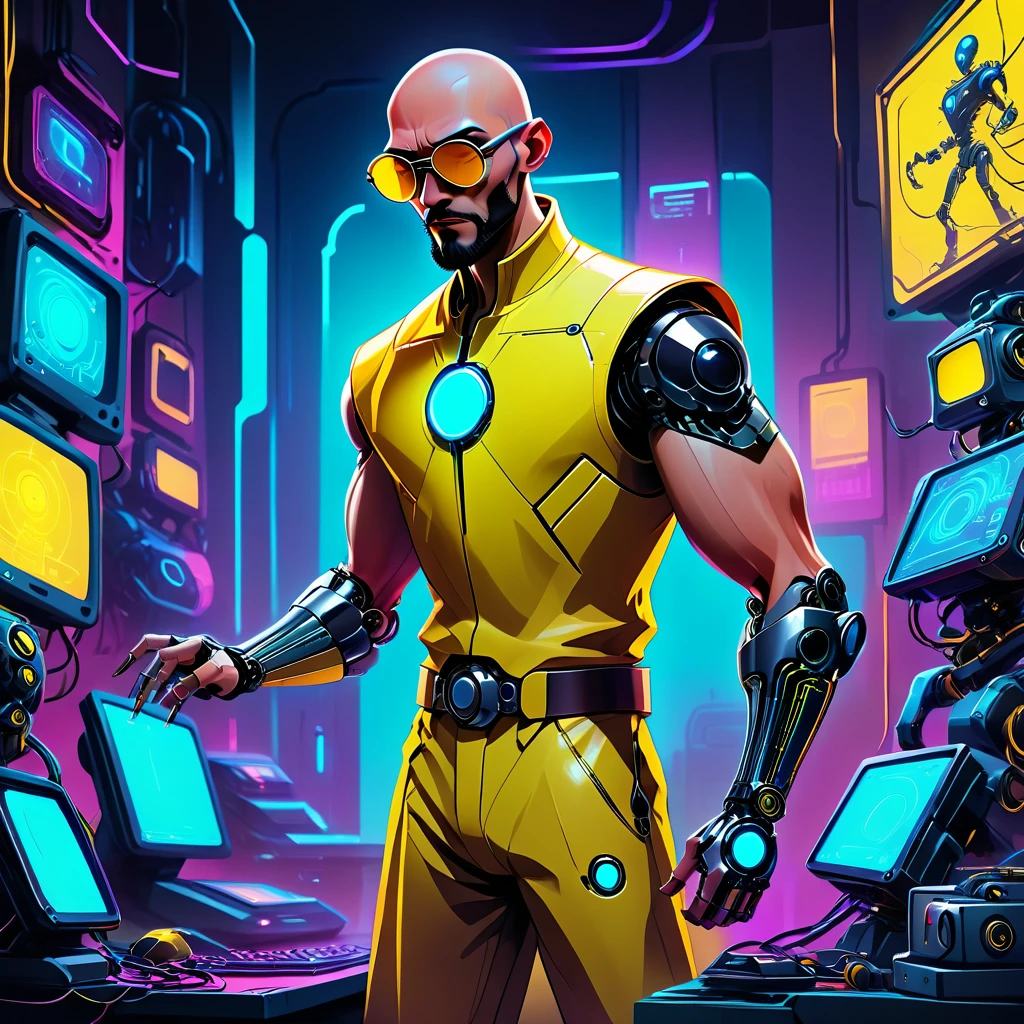 one  men, 30years, without hair, bald man with brown beard, athletic body, wearing yellow leather jacket with blue neon, sunglasses with blue lens, robotic arm implants, connected limbs, in his bedroom, using a computer to hack, futuristic atmosphere, night time, cyberpunk style, Point of view view, centered image.