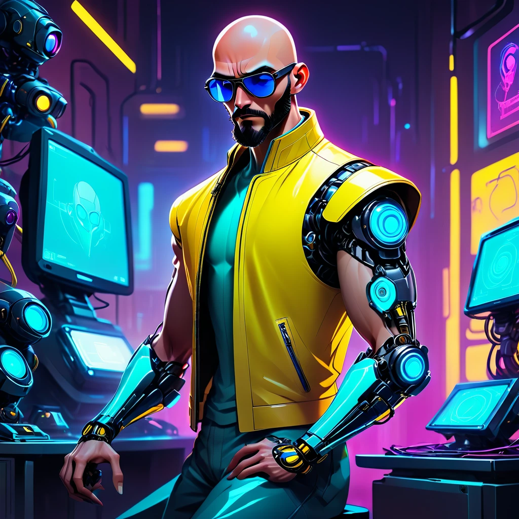 one  men, 30years, without hair, bald man with brown beard, athletic body, wearing yellow leather jacket with blue neon, sunglasses with blue lens, robotic arm implants, connected limbs, in his bedroom, using a computer to hack, futuristic atmosphere, night time, cyberpunk style, Point of view view, centered image. Medium frame.