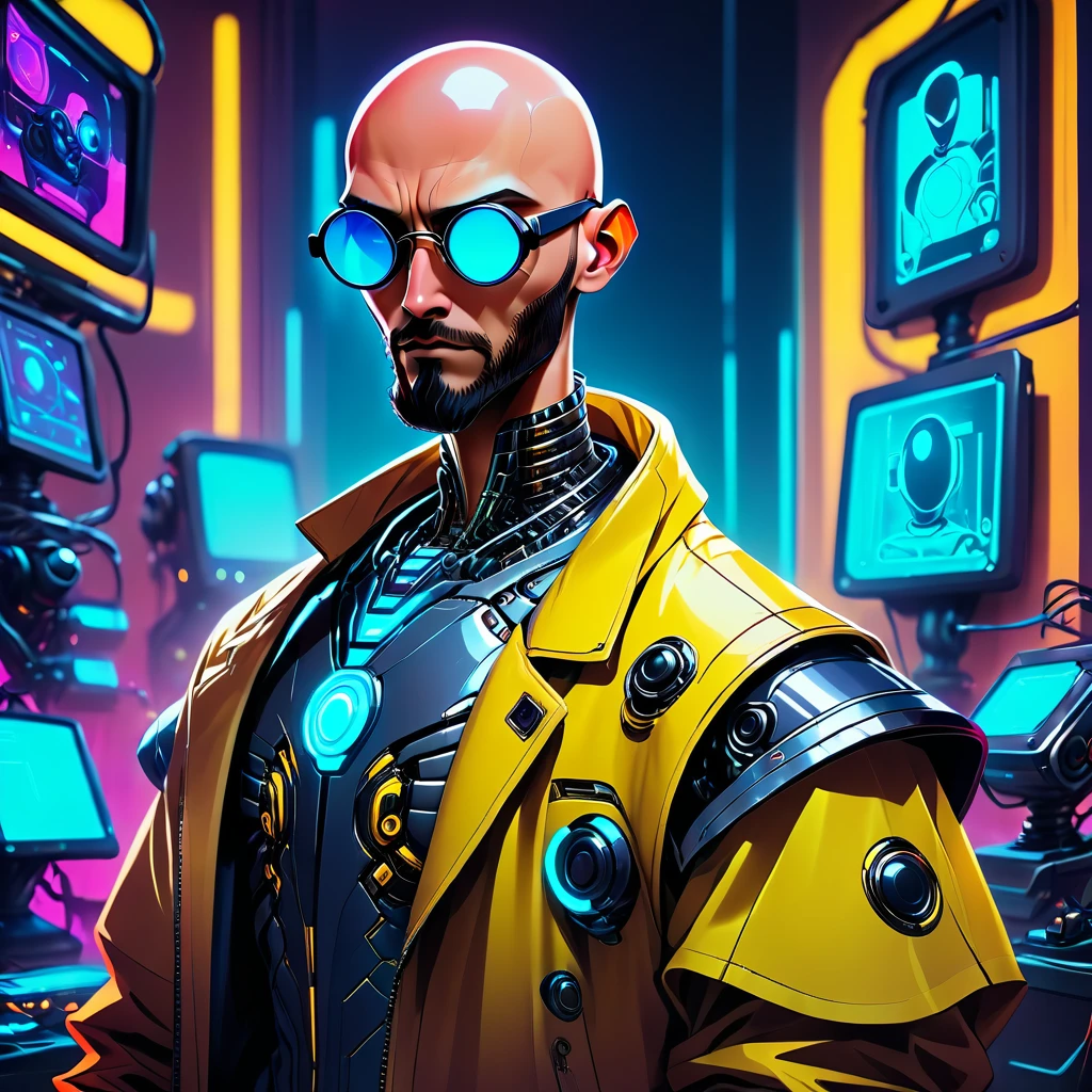 one  men, 30years, without hair, bald man with brown beard, athletic body, wearing yellow leather jacket with blue neon, sunglasses with blue lens, robotic arm implants, connected limbs, in his bedroom, using a computer to hack, futuristic atmosphere, night time, cyberpunk style, Point of view view, centered image. Medium frame.