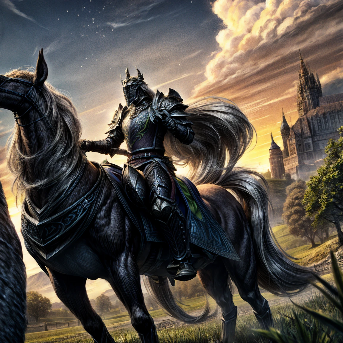 high quality, photorealistic, (best quality,4k,8k,highres,masterpiece:1.2),ultra-detailed,(realistic,photorealistic,photo-realistic:1.37), medieval knight, shining armor, long hair, riding horse, black forest, detailed armor, weapon, medieval castle, epic, moody lighting, dramatic sky, (black horse:1.2)