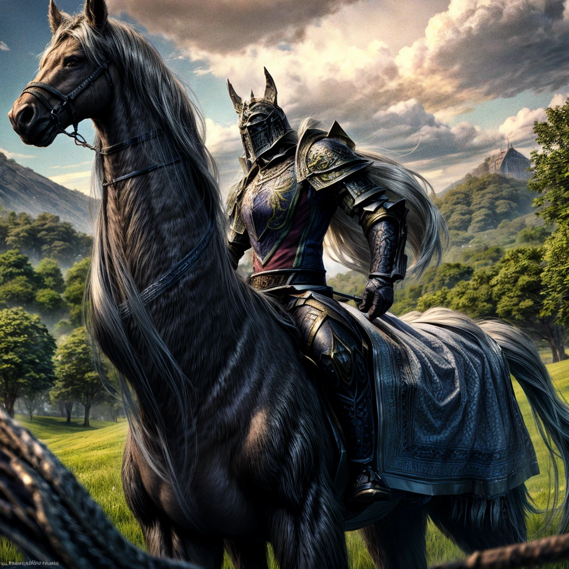 high quality, photorealistic, (best quality,4k,8k,highres,masterpiece:1.2),ultra-detailed,(realistic,photorealistic,photo-realistic:1.37), medieval knight, shining armor, long hair, riding horse, black forest, detailed armor, weapon, medieval castle, epic, moody lighting, dramatic sky, (black horse:1.2)