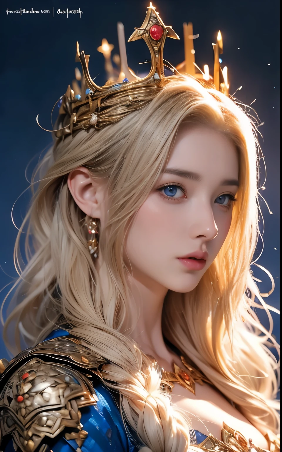crown luxury , blue eye, blond hair, around 17 years old, (gold ), masterpiece，Best quality at best，A high resolution，8K，((Portrait))，(upper body)，Original photo，real photograph，digital photography，(Female princess in the medieval fantasy style), sexy princess ，blue eye， super colossal breast, round colossal breast ，open kissing lips，Keep your mouth shuegant and charming，((Blushing))，virgin contempt，Calm and handsome，(Medieval fantasy dress，The Beautiful super huge round breast, small waist, perfect colossal breast of princess body, a blue delicate pattern，silver Cloak)，(princes medieval character medieval fantasy style，oc render reflection texture, fighting style,  sexy colossal breast , medieval castle background, slim body, very small waist, 