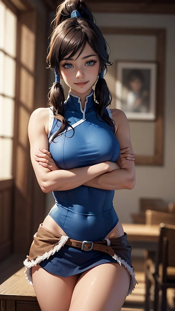 (masterpiece, best quality:1.2), cowboy shot, solo, 1girl, korra, dark skin, dark-skinned female, student supermodel, smile, sexy body, big round breasts, long legs, smooth delicate skin, looking at viewer, detailed blue eyes, perfect face, ideal proportions, crossed arms, ponytail, hair tubes, sleeveless, bare shoulders, fancy blue top, tight short skirt, (nsfw)
