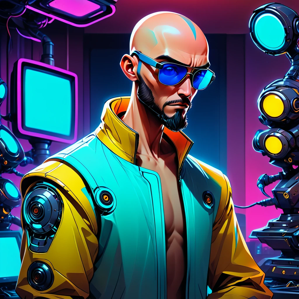 one  men, 30years, without hair, bald man with brown beard, athletic body, wearing yellow leather jacket with blue neon, sunglasses with blue lens, robotic arm implants, connected limbs, in his bedroom, using a computer to hack, futuristic atmosphere, night time, cyberpunk style, Point of view view, centered image. Medium frame.