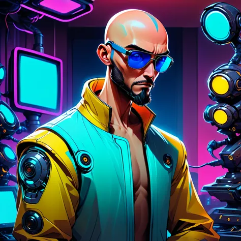 one  men, 30years, without hair, bald man with brown beard, athletic body, wearing yellow leather jacket with blue neon, sunglas...