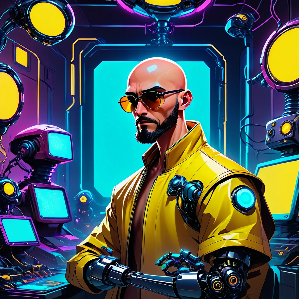 one  men, 30years, without hair, bald man with brown beard, athletic body, wearing yellow leather jacket with blue neon, sunglasses with blue lens, robotic arm implants, connected limbs, in his bedroom, using a computer to hack, futuristic atmosphere, night time, cyberpunk style, Point of view view, centered image. Medium frame.