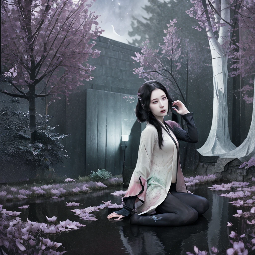 (aesthetic,Mysterious) muzan girl,dark and ethereal atmosphere,animated style,dreamlike,bright Eyes,pale skin,loose black hair,blue butterfly,moonlit garden,enchanted pose,colorful kimono,moonlight shining through the trees,soft petals falling,impressive beauty,subtle smile,silhouette on the roof,ethereal glow,calm expression,delicate features,serene aura,Timeless elegance,vibrant colors,dark fantasy vibes,magical environment,radiant moonlight,whispering winds,fantasy world illusion,feminine grace,luminous darkness,lonely figure,starry night sky, ethereal flowers,Serenity in the dark,brilliant mystery,ethereal charm