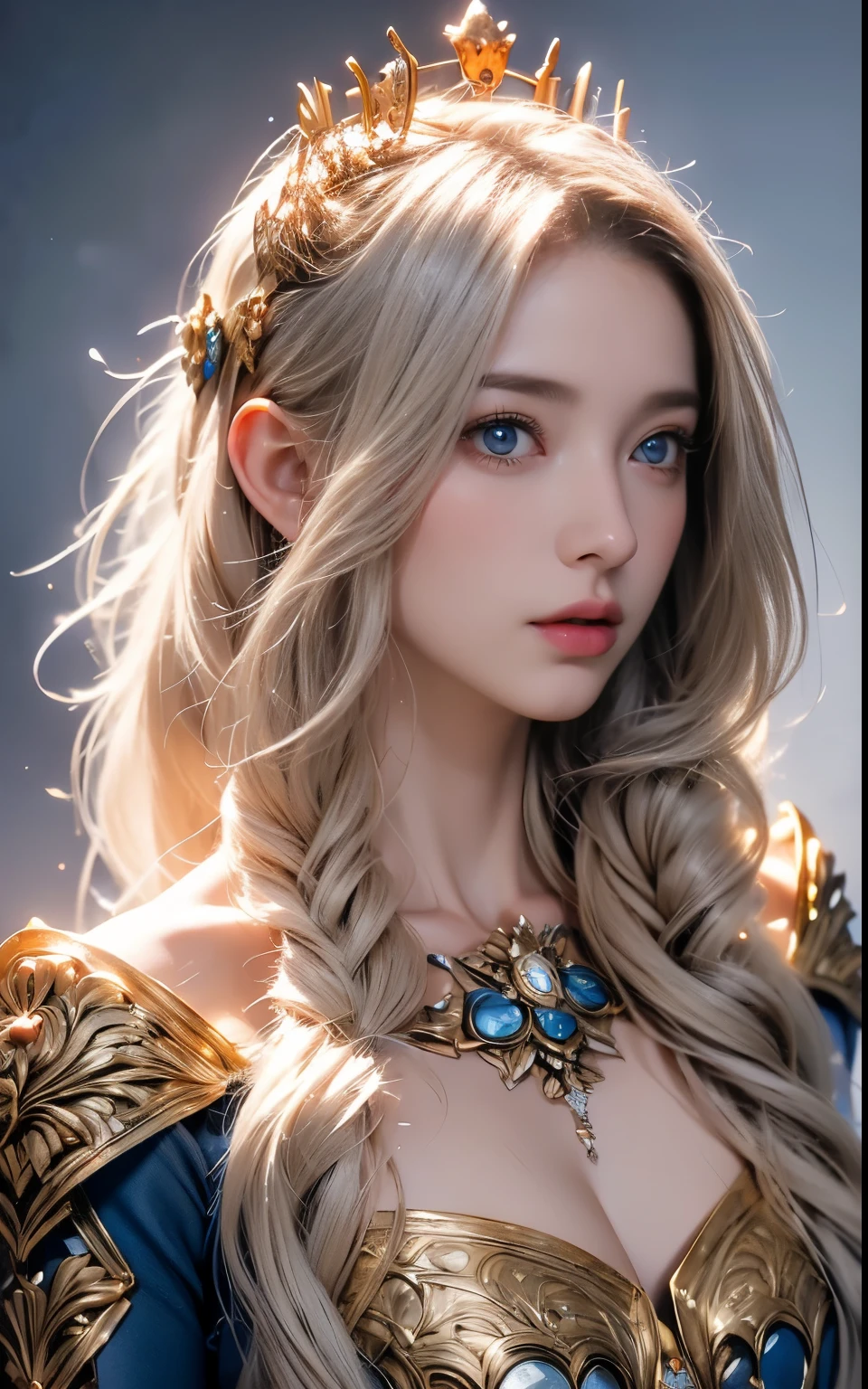 crown luxury , blue eye, blond hair, around 17 years old, (gold ), masterpiece，Best quality at best，A high resolution，8K，((Portrait))，(upper body)，Original photo，real photograph，digital photography，(Female princess in the medieval fantasy style), sexy princess ，blue eye， super colossal breast, round colossal breast ，open kissing lips，Keep your mouth shuegant and charming，((Blushing))，virgin contempt，Calm and handsome，(Medieval fantasy dress，The Beautiful super huge round breast, small waist, perfect colossal breast of princess body, a blue delicate pattern，silver Cloak)，(princes medieval character medieval fantasy style，oc render reflection texture, fighting style,  sexy colossal breast , medieval castle background, slim body, very small waist, 