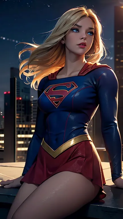 supergirl, sitting on a rooftop building, lost in deep thought, looking at the city, perfect eye, beautiful highly detailed eyes...