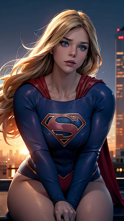 Super-Mädchen, sitzt auf einem Dachgebäude, in tiefe Gedanken versunken, Blick auf die Stadt, perfektes Auge, Wunderschöne, detailreiche Augen, Schöne blaue Augen, beide Augen sind ähnlich, schöne detaillierte Lippen, extrem detailliertes Gesicht, detaillierter Supergirl-Anzug, straffe Figur, Blondes Haar, große runde Brüste, Brüste in Körbchengröße D, enge Büste, dynamische pose, filmische Beleuchtung, epische Stadtansicht, stimmungsvolle Atmosphäre, Dramatische Schatten, leuchtende Farben, fotorealistisch, 8k, beste Qualität, hyperdetailliert, Meisterwerk