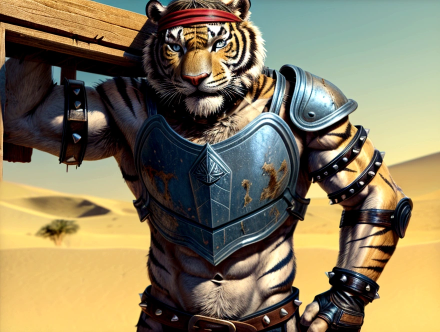 Solo Sexy anthro furry tiger desert slave ancient gladiator, slim endomorph muscular handsone model male apperance, headband, sword scars, worn out leather skimpy armament, low on hips heavy leather belt, old very worn out skimpy dirty linen material jockstrap, old yellow dirty worn out stains on white jockstrap, studded skimpy armlets breastplate armor, skimpy breastplate, leather bondages, fingerless leather gloves, smelly unwashed furr, dirty body look, desert fighting wooden cage arena, standing in sexy fighting cinematic position, close view of full character, side front view