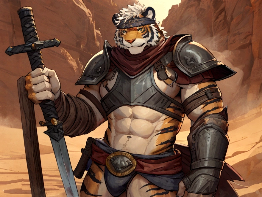 Solo Sexy anthro furry tigre esclave du désert ancien gladiateur, modèle de mains musclées endomorphes minces, apparence masculine, Bandeau, cicatrices d&#39;épée, cuir usé, armement étriqué, ceinture en cuir épaisse bas sur les hanches, vieux jockstrap en lin sale, très usé et maigre, vieilles taches jaunes sales et usées sur le jockstrap blanc, armure de plastron avec brassards étriqués et cloutés, plastron étriqué, servitudes en cuir, gants en cuir sans doigts, fourrure mal lavée et malodorante, aspect sale du corps, arène de cage en bois de combat dans le désert, debout dans une position cinématographique de combat sexy, vue rapprochée du personnage complet, vue latérale de face