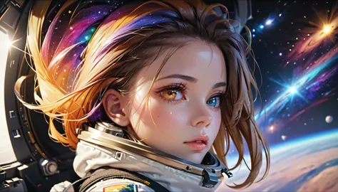 perfect eyes, zoe, toddler girl, long hair, heterochromia, astronaut, beautiful detailed eyes, beautiful detailed lips, extremel...