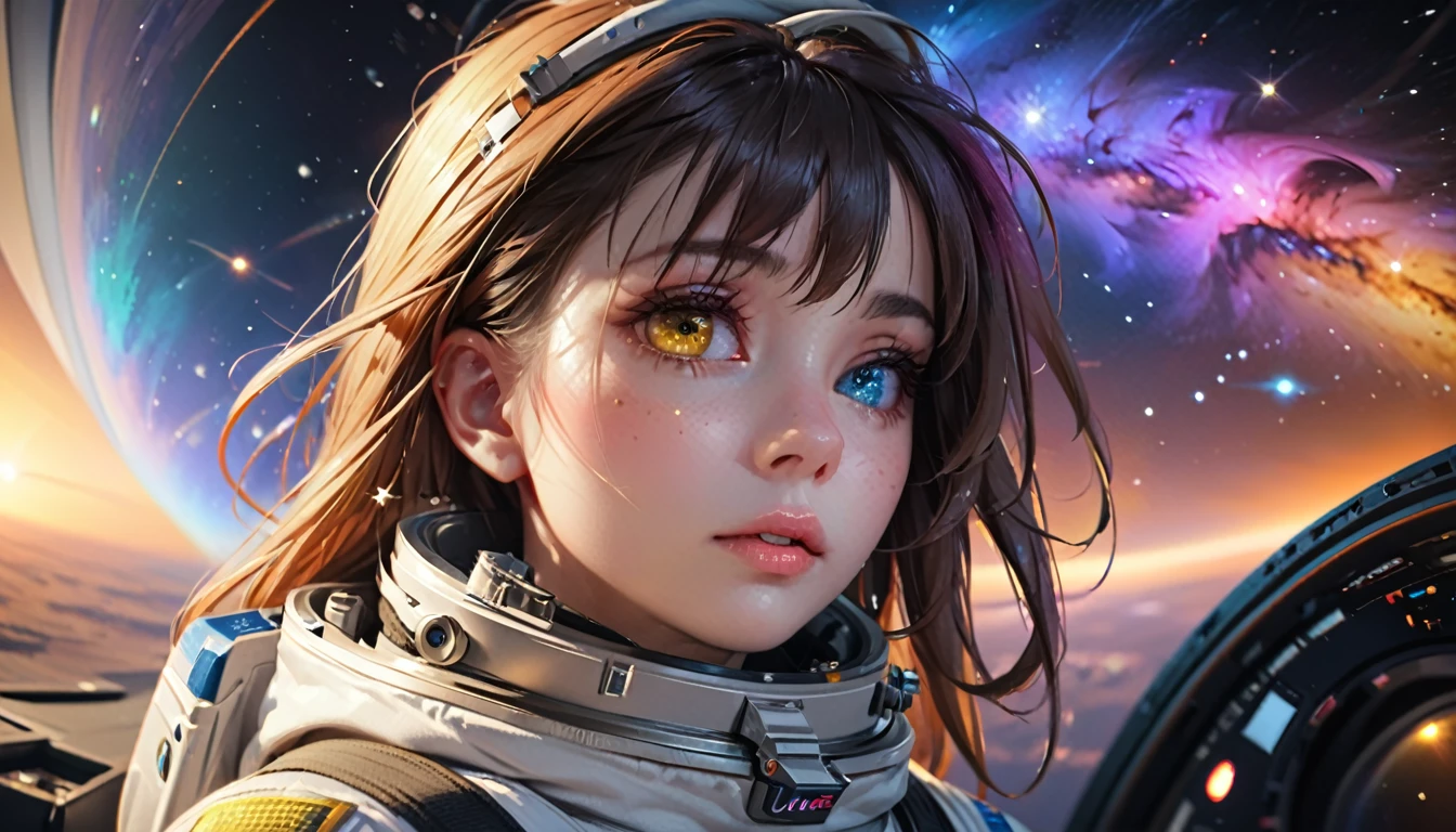 perfect eyes, Zoe, toddler girl, long hair, Heterochromia, astronaut, beautiful detailed eyes, beautiful detailed lips, extremely detailed eyes and face, long eyelashes, 1girl, astronaut, heterochromia, space, beautiful stars, beautiful galaxies, (best quality,4k,8k,highres,masterpiece:1.2),ultra-detailed,(realistic,photorealistic,photo-realistic:1.37),digital art, science fiction, surreal, cinematic lighting, vibrant colors, dramatic lighting, medium shot, full body, waist up, centered, detailed background, stars and galaxies in the distance, 