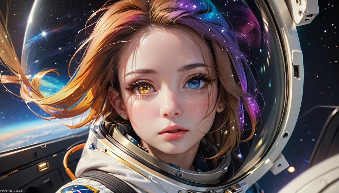 perfect eyes, Zoe, toddler girl, long hair, Heterochromia, astronaut, beautiful detailed eyes, beautiful detailed lips, extremely detailed eyes and face, long eyelashes, 1girl, astronaut, heterochromia, space, beautiful stars, beautiful galaxies, (best quality,4k,8k,highres,masterpiece:1.2),ultra-detailed,(realistic,photorealistic,photo-realistic:1.37),digital art, science fiction, surreal, cinematic lighting, vibrant colors, dramatic lighting, medium shot, full body, waist up, centered, detailed background, stars and galaxies in the distance, 