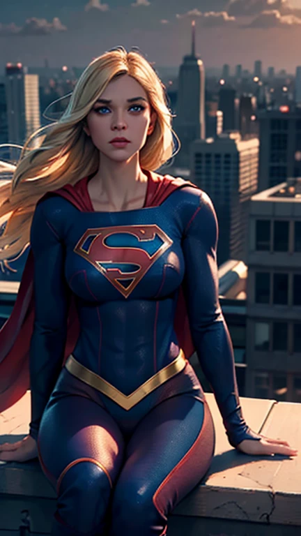 supergirl, sitting on a rooftop building, lost in deep thought, looking at the city, perfect eye, beautiful highly detailed eyes, beautiful blue eyes, both eyes are similar, beautiful detailed lips, extremely detailed face, detailed Supergirl tight suit, tight figure, blonde hair, big round breasts, D cup Breasts, tight bust, dynamic pose, cinematic lighting, epic cityscape, moody atmosphere, dramatic shadows, vibrant colors, photorealistic, 8k, best quality, hyper detailed, masterpiece