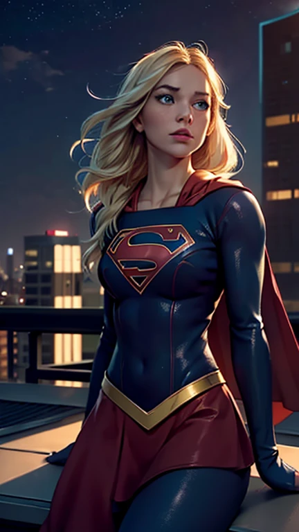 supergirl, sitting on a rooftop building, lost in deep thought, looking at the city, perfect eye, beautiful highly detailed eyes, beautiful light blue eyes, both eyes are similar, beautiful detailed lips, extremely detailed face, detailed Supergirl tight suit, tight figure, blonde hair, big round breasts, D cup Breasts, tight bust, dynamic pose, cinematic lighting, epic cityscape, moody atmosphere, dramatic shadows, vibrant colors, photorealistic, 8k, best quality, hyper detailed, masterpiece