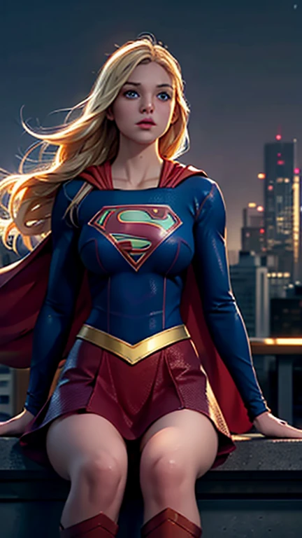 supergirl, sitting on a rooftop building, lost in deep thought, looking at the city, perfect eye, beautiful highly detailed eyes, beautiful light blue eyes, both eyes are similar, beautiful detailed lips, extremely detailed face, detailed Supergirl tight suit, tight figure, blonde hair, big round breasts, D cup Breasts, tight bust, dynamic pose, cinematic lighting, epic cityscape, moody atmosphere, dramatic shadows, vibrant colors, photorealistic, 8k, best quality, hyper detailed, masterpiece