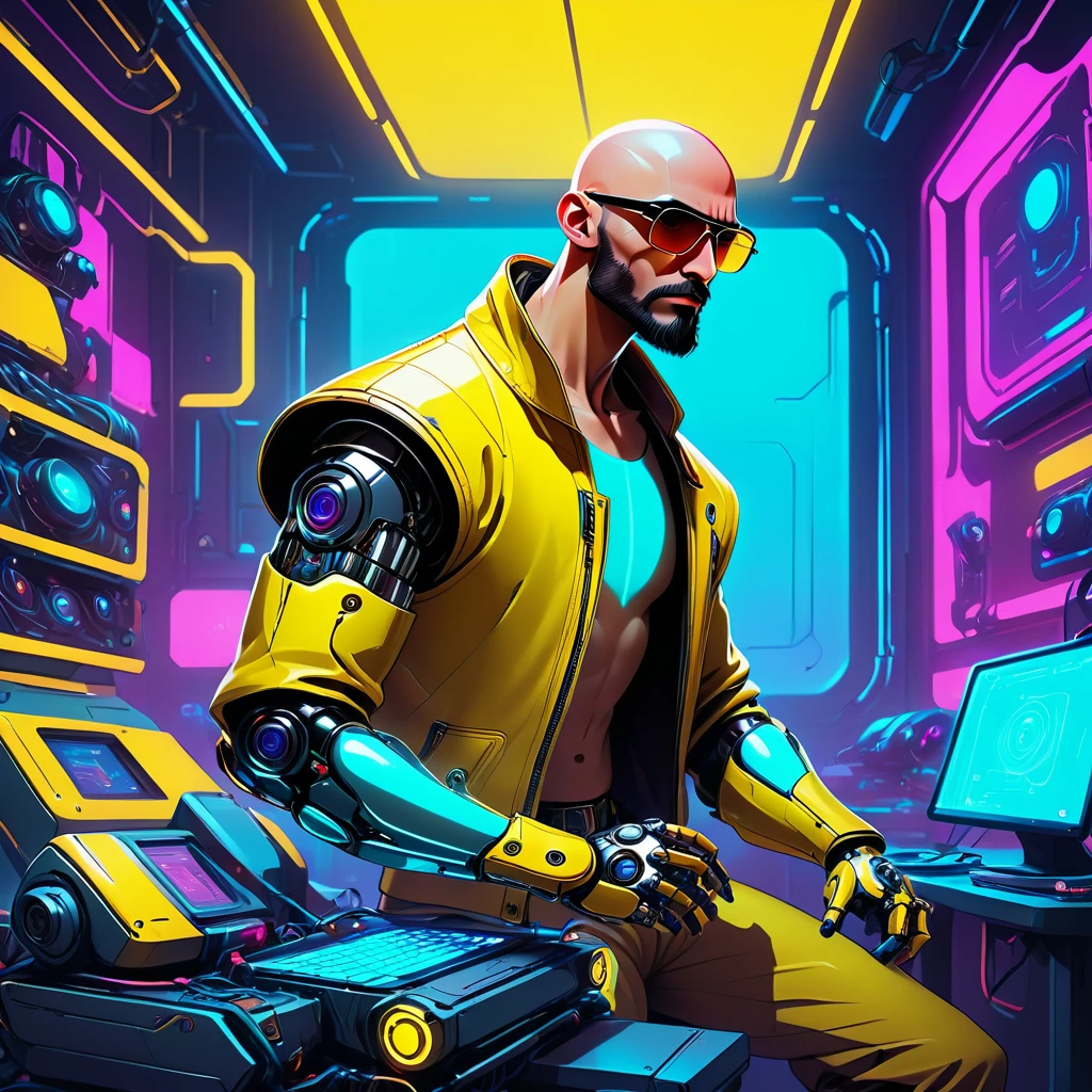 one  men, 30years, without hair, bald man with brown beard, athletic body, wearing yellow leather jacket with blue neon, sunglasses with blue lens, robotic arm implants, connected limbs, in his bedroom, using a computer to hack, futuristic atmosphere, night time, cyberpunk style, Point of view view