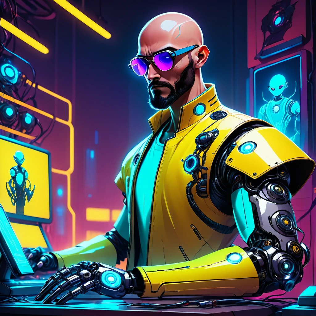 one  men, 30years, without hair, bald man with brown beard, athletic body, wearing yellow leather jacket with blue neon, sunglasses with blue lens, robotic arm implants, connected limbs, in his bedroom, using a computer to hack, futuristic atmosphere, night time, cyberpunk style, Point of view view