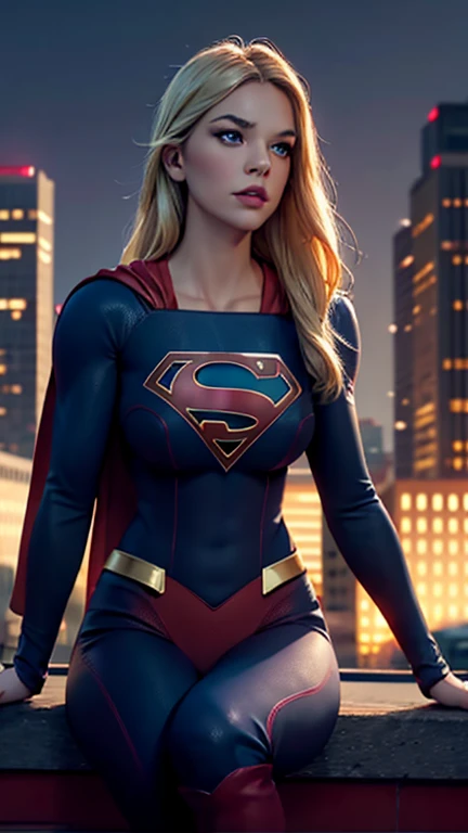 supergirl, sitting on a rooftop building, lost in deep thought, looking at the city, perfect eye, beautiful highly detailed eyes, beautiful light blue eyes, both eyes are similar, beautiful detailed lips, extremely detailed face, detailed Supergirl tight suit, tight figure, blonde hair, big round breasts, D cup Breasts, tight bust, dynamic pose, cinematic lighting, epic cityscape, moody atmosphere, dramatic shadows, vibrant colors, photorealistic, 8k, best quality, hyper detailed, masterpiece