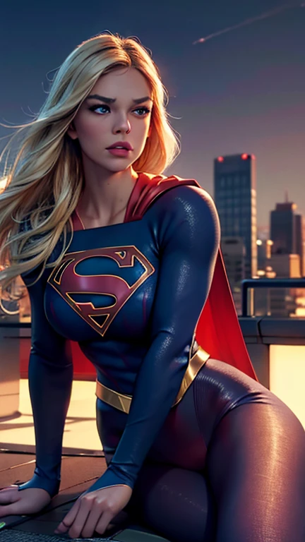 supergirl, sitting on a rooftop building, lost in deep thought, looking at the city, perfect eye, beautiful highly detailed eyes, beautiful light blue eyes, both eyes are similar, beautiful detailed lips, extremely detailed face, detailed Supergirl tight suit, tight figure, blonde hair, big round breasts, D cup Breasts, tight bust, dynamic pose, cinematic lighting, epic cityscape, moody atmosphere, dramatic shadows, vibrant colors, photorealistic, 8k, best quality, hyper detailed, masterpiece