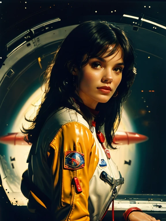 High-quality realistic acrylic painting, VIVID COLORS, back point a view, a beautiful european woman with shoulder-length black straight hair, bangs, looking at the viewer with suspicious face and a shy smile, red lips, she wears white space suit, hands in the waist, dramatic yellow red lights, background night in 60´s rocket launch platform