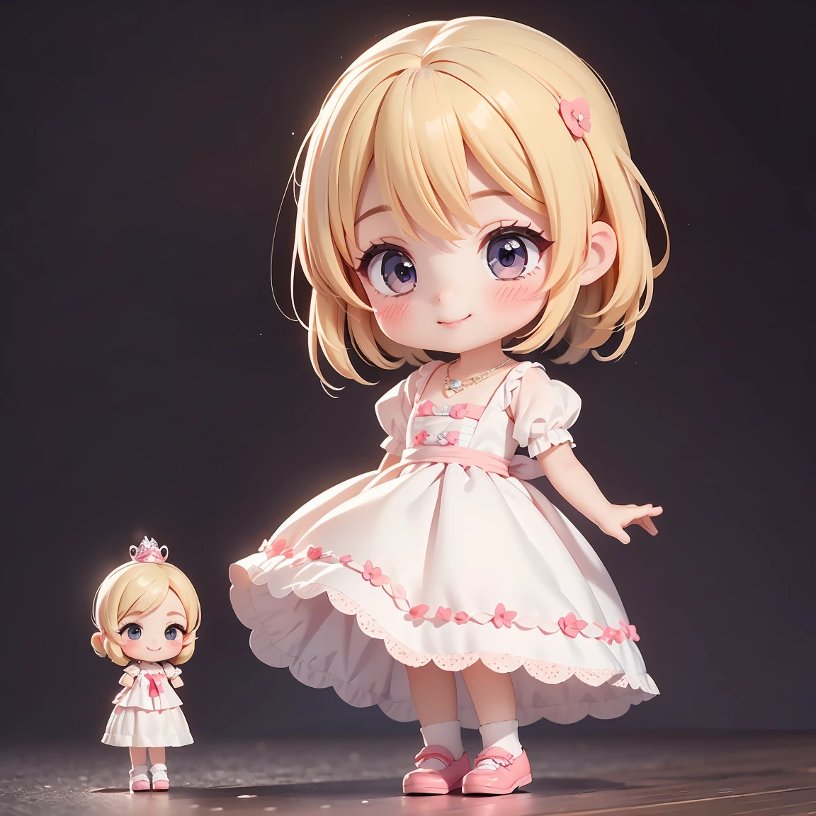  Super Chibi Character：1.8、Wearing cute shoes、background：simple、Blonde Hair、Cute 7 year old girl、pink cinderella dress、smile：1.5