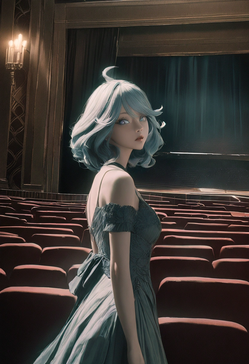 1girl, detailed beautiful eyes, detailed beautiful lips, extremely detailed face, long eyelashes, elegant dress, posing in a theater, ornate interior, lush curtains, classical architecture, dramatic lighting, cinematic mood, muted color palette, atmospheric, photorealistic, masterpiece, 8k, highres, hyper detailed