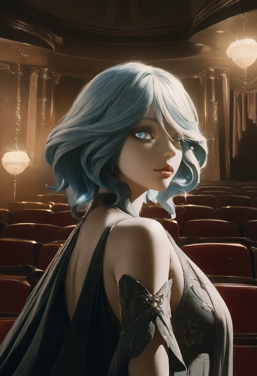 1girl, detailed beautiful eyes, detailed beautiful lips, extremely detailed face, long eyelashes, elegant dress, posing in a theater, ornate interior, lush curtains, classical architecture, dramatic lighting, cinematic mood, muted color palette, atmospheric, photorealistic, masterpiece, 8k, highres, hyper detailed