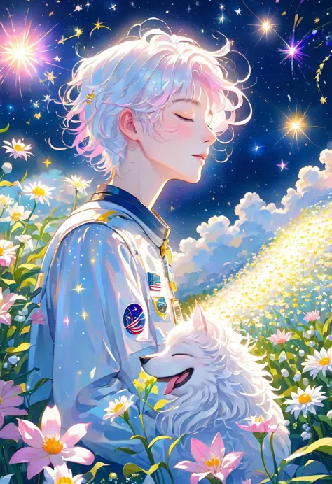 1boy,artist name,astronaut,aurora,bouquet,closed eyes,constellation,crescent,crescent moon,daisy,earth \(planet\),fireworks,flow...