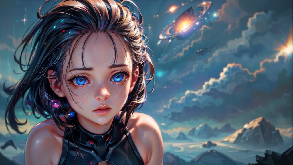 perfect eyes, Zoe, toddler girl, long hair, Heterochromia, astronaut, beautiful detailed eyes, beautiful detailed lips, extremely detailed eyes and face, long eyelashes, 1girl, astronaut, heterochromia, space, beautiful stars, beautiful galaxies, (best quality,4k,8k,highres,masterpiece:1.2),ultra-detailed,(realistic,photorealistic,photo-realistic:1.37),digital art, science fiction, surreal, cinematic lighting, vibrant colors, dramatic lighting, medium shot, full body, waist up, centered, detailed background, stars and galaxies in the distance, 