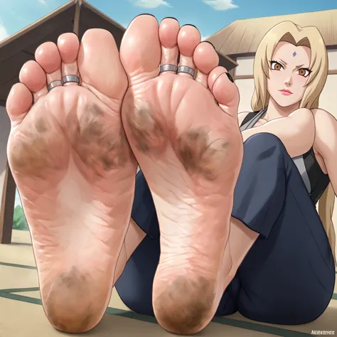 tsunade from naruto, feet, soles, exagerate wrinkled soles, very dirty soles, black toenail, toes ring, soles focus. very detail...