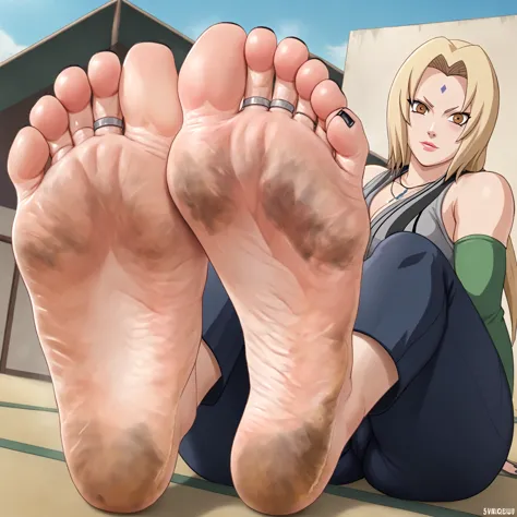 tsunade from naruto, feet, soles, exagerate wrinkled soles, very dirty soles, black toenail, toes ring, soles focus. very detail...