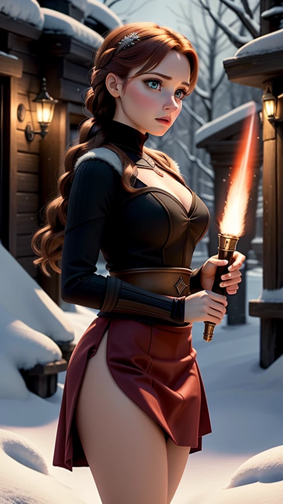 woman, ((Masterpiece, best quality)), detailed skin, highly detailed, cinematic lighting, ultra realistic, blush, looking at viewer,  anna, anna from frozen, princess, disney, brown hair, long hair, portrait, outdoor, snow,  cleavage,  large breasts,  wide hips, 
skirt, miniskirt, microskirt, pleated skirt, thighs, vestida como lord sith de Star wars, con sable de luz rojo, y de fondo fuego y humo