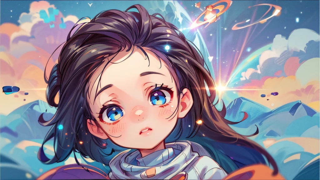 perfect eyes, Zoe, toddler girl, long hair, Heterochromia, astronaut, beautiful detailed eyes, beautiful detailed lips, extremely detailed eyes and face, long eyelashes, 1girl, astronaut, heterochromia, space, beautiful stars, beautiful galaxies, (best quality,4k,8k,highres,masterpiece:1.2),ultra-detailed,(realistic,photorealistic,photo-realistic:1.37),digital art, science fiction, surreal, cinematic lighting, vibrant colors, dramatic lighting, medium shot, full body, waist up, centered, detailed background, stars and galaxies in the distance, 