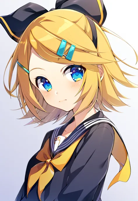 one girl, kagamine rin, vocaloid, blue eyes, simple background, sailor collar, off shoulder, black sleeve, hair clip, hair bow, ...