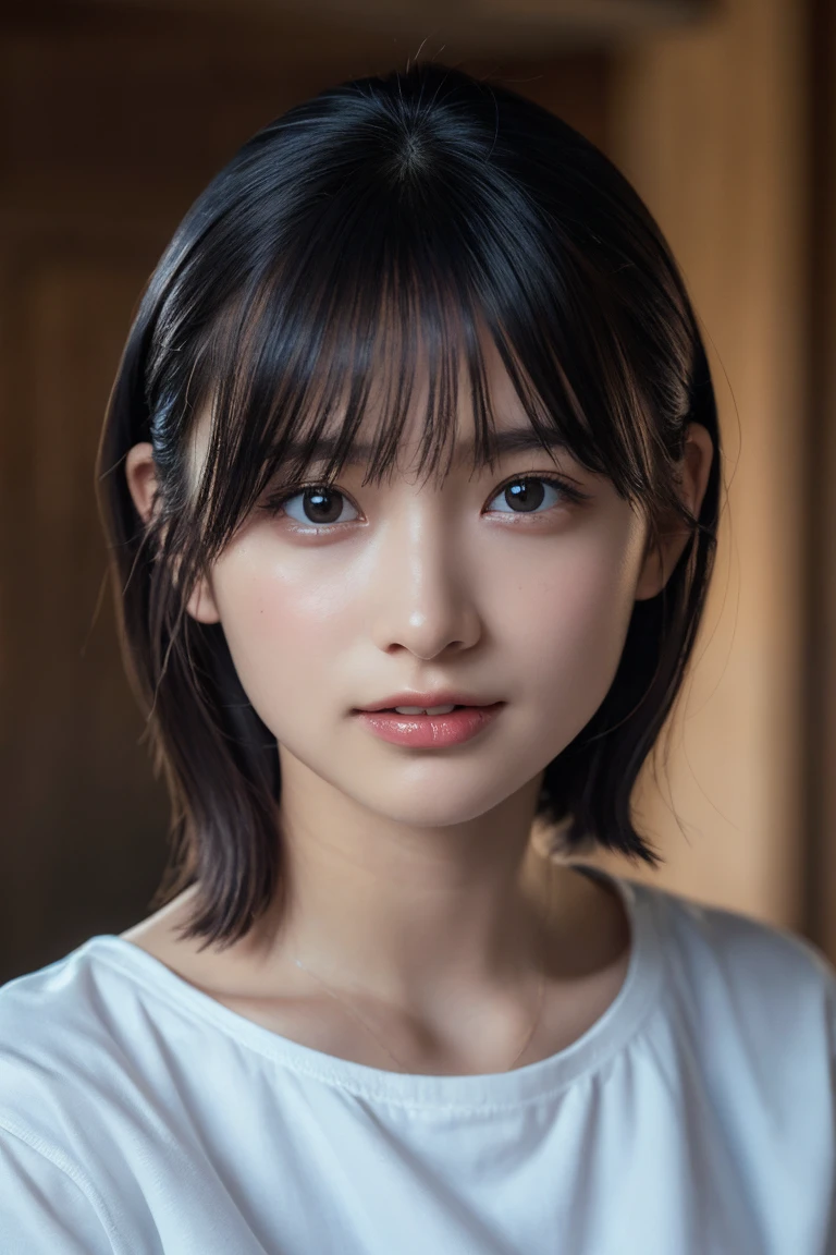 (8K, Raw photo, Highest quality, masterpiece:1.2), (Realistic, Photorealistic:1.37), Ultra-detailed, Ultra-high resolution, 1 girl, Seeing the viewer, Beautifully detailed face, Laughter, narrow, (Slim waist) :1.3), shortcut, Beautifully detailed skin, Skin texture, Dark hair, Floating hair, Hairstyle is a short bob, Professional Lighting, (white shirt), Human whole body