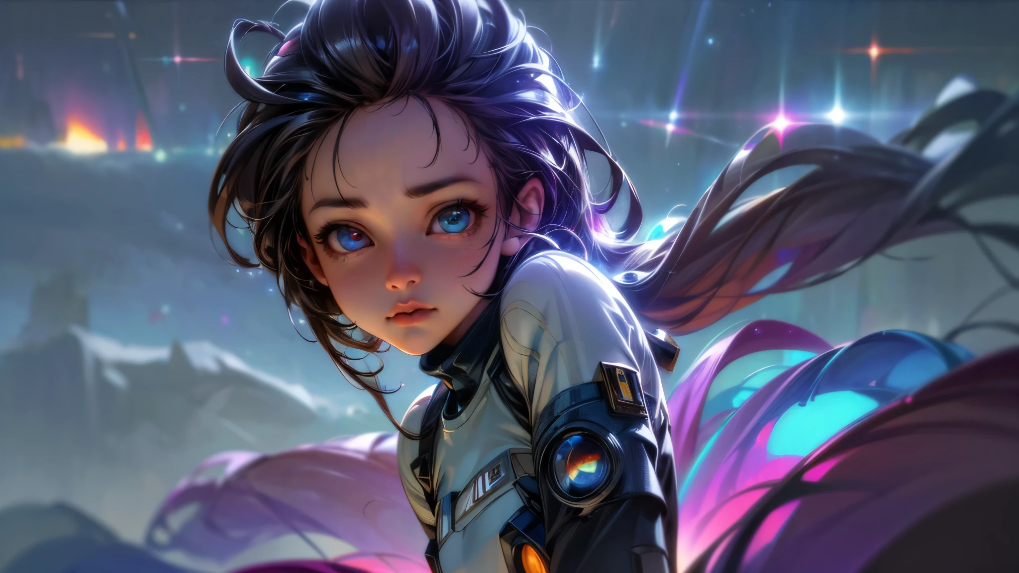 perfect eyes, Zoe, toddler girl, long hair, flat chest, Heterochromia, astronaut, beautiful detailed eyes, beautiful detailed lips, extremely detailed eyes and face, long eyelashes, 1girl, astronaut, heterochromia, space, beautiful stars, beautiful galaxies, (best quality,4k,8k,highres,masterpiece:1.2),ultra-detailed,(realistic,photorealistic,photo-realistic:1.37),digital art, science fiction, surreal, cinematic lighting, vibrant colors, dramatic lighting, medium shot, full body, waist up, centered, detailed background, stars and galaxies in the distance, 