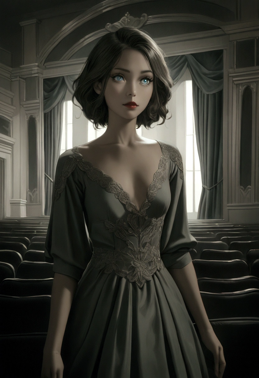 1girl, detailed beautiful eyes, detailed beautiful lips, extremely detailed face, long eyelashes, elegant dress, posing in a theater, ornate interior, lush curtains, classic architecture, dramatic lighting, cinematic mood, muted color palette, atmospheric, photorealistic, masterpiece, 8K, anime style