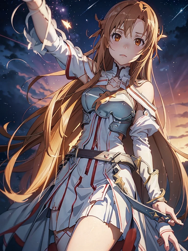 ((masterpiece)), ((Highest quality)), ((Super detailed)), 4K, 8K, High resolution, abyss, girl, (((Asuna, star))), Serious expression, Finding, View your viewers, Looking to the future, Unfinished garment, With sword, Epic battle scenes, Dark fantasy, anime, 2d anime, Concept Art, Cowboy Shot, from the front, From below, darkness, Depth of written boundary