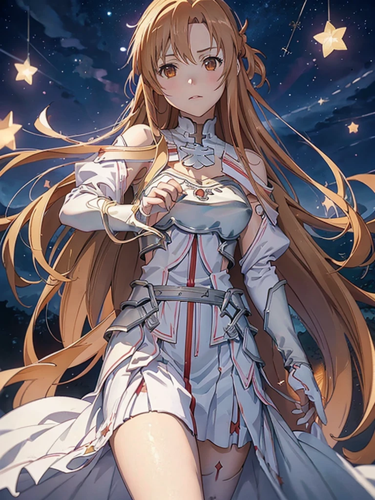 ((masterpiece)), ((Highest quality)), ((Super detailed)), 4K, 8K, High resolution, abyss, girl, (((Asuna, star))), Serious expression, Finding, View your viewers, Looking to the future, Unfinished garment, With sword, Epic battle scenes, Dark fantasy, anime, 2d anime, Concept Art, Cowboy Shot, from the front, From below, darkness, Depth of written boundary